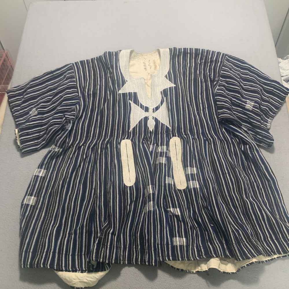 Vintage Authentic Ghana Smock Fugu Batakari Men 3XL Hand Woven Blue Stripe Tunic